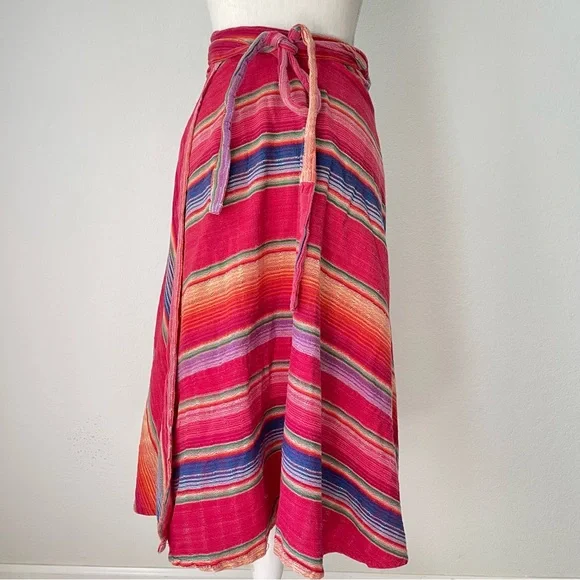 VINTAGE SARAPE COTTON WRAP SKIRT RAINBOW MULTICOLOR STRIPED MIDI - Picture 8 of 13